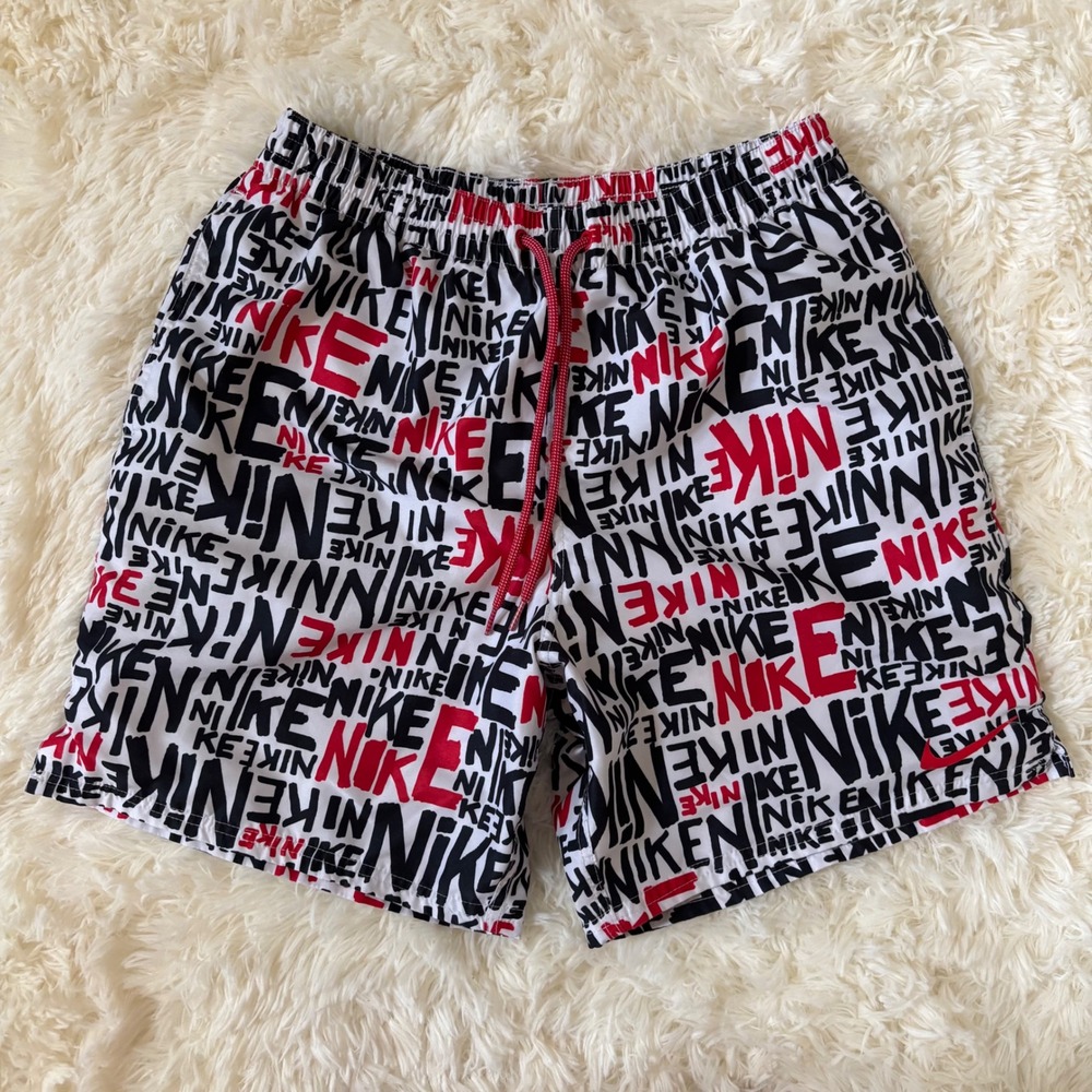 Nike Mens Swim Trunks Medium Red Black White All Over Logo Print Drawstring